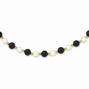14K Yellow Gold Polished Fancy-White Cultured Pearl & Onyx Necklace