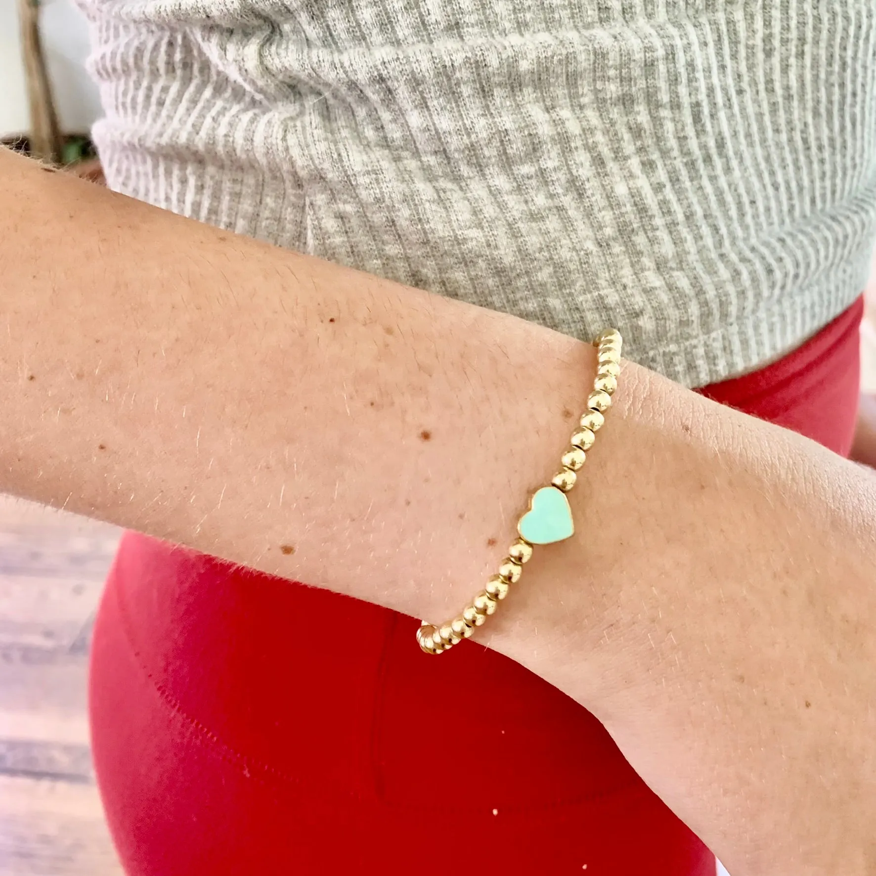 4mm Bead Stretch Bracelet with Enamel Heart Bead