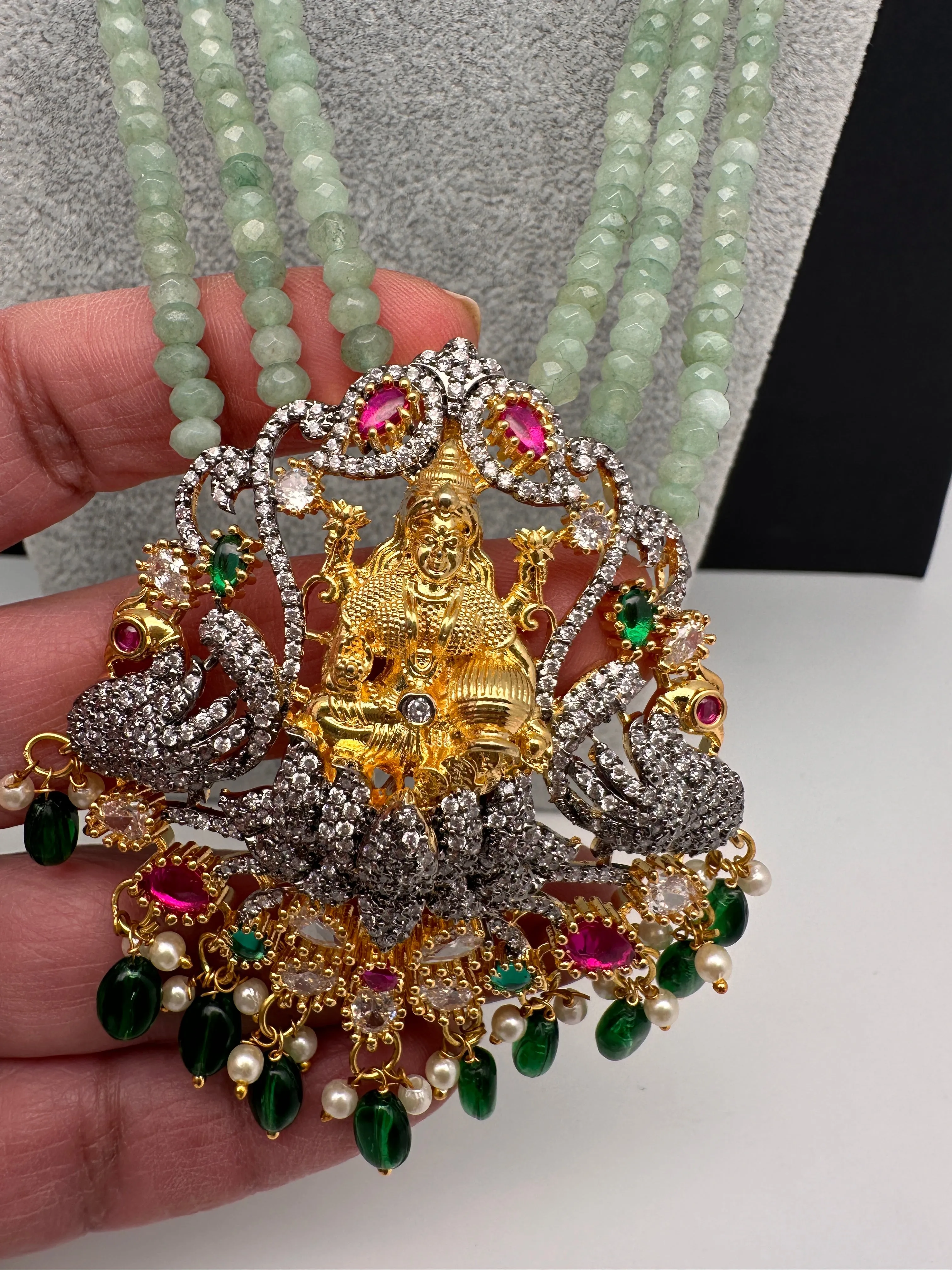 AD Goddess Lakshmi Mint Green Onyx Beads Necklace