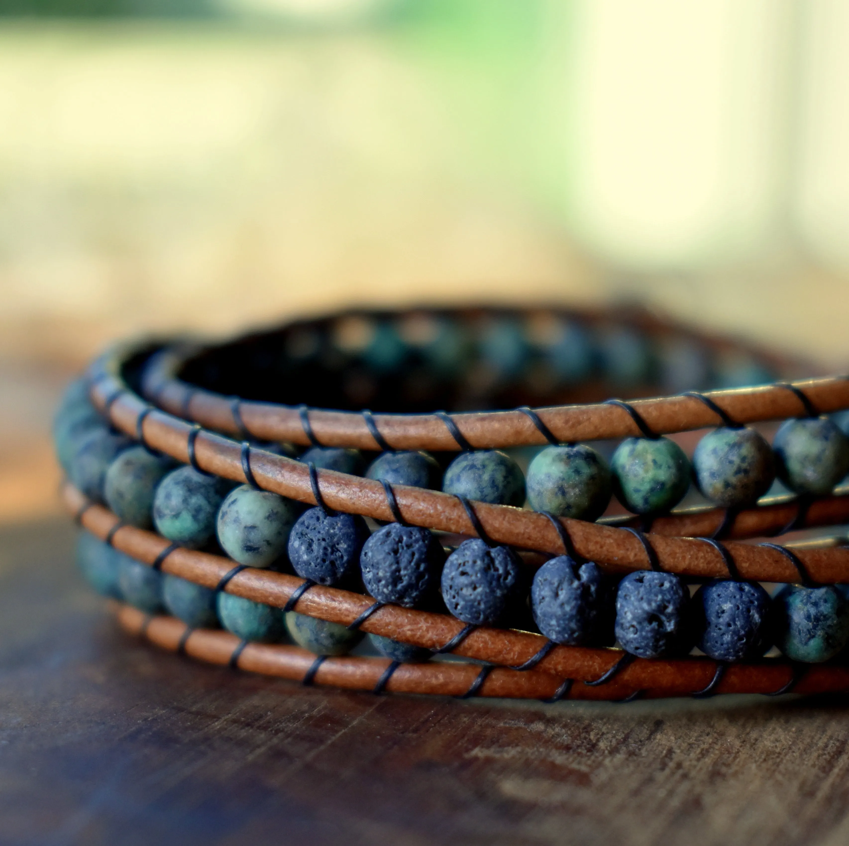 African Turquoise and Lava Bead Wrap Bracelet // Essential Oil Bracelet // Leather Bracelet // Beaded Bracelet