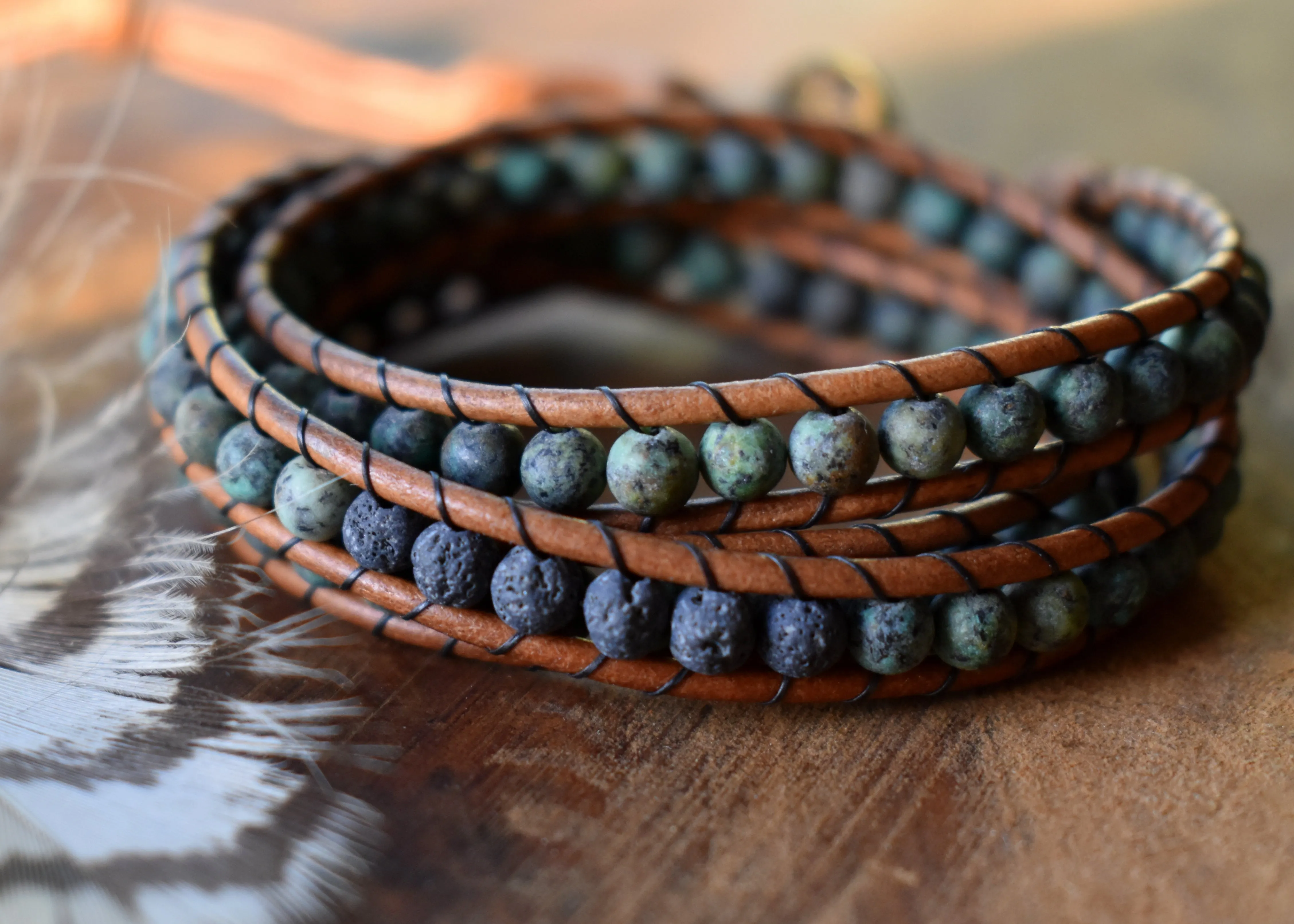 African Turquoise and Lava Bead Wrap Bracelet // Essential Oil Bracelet // Leather Bracelet // Beaded Bracelet