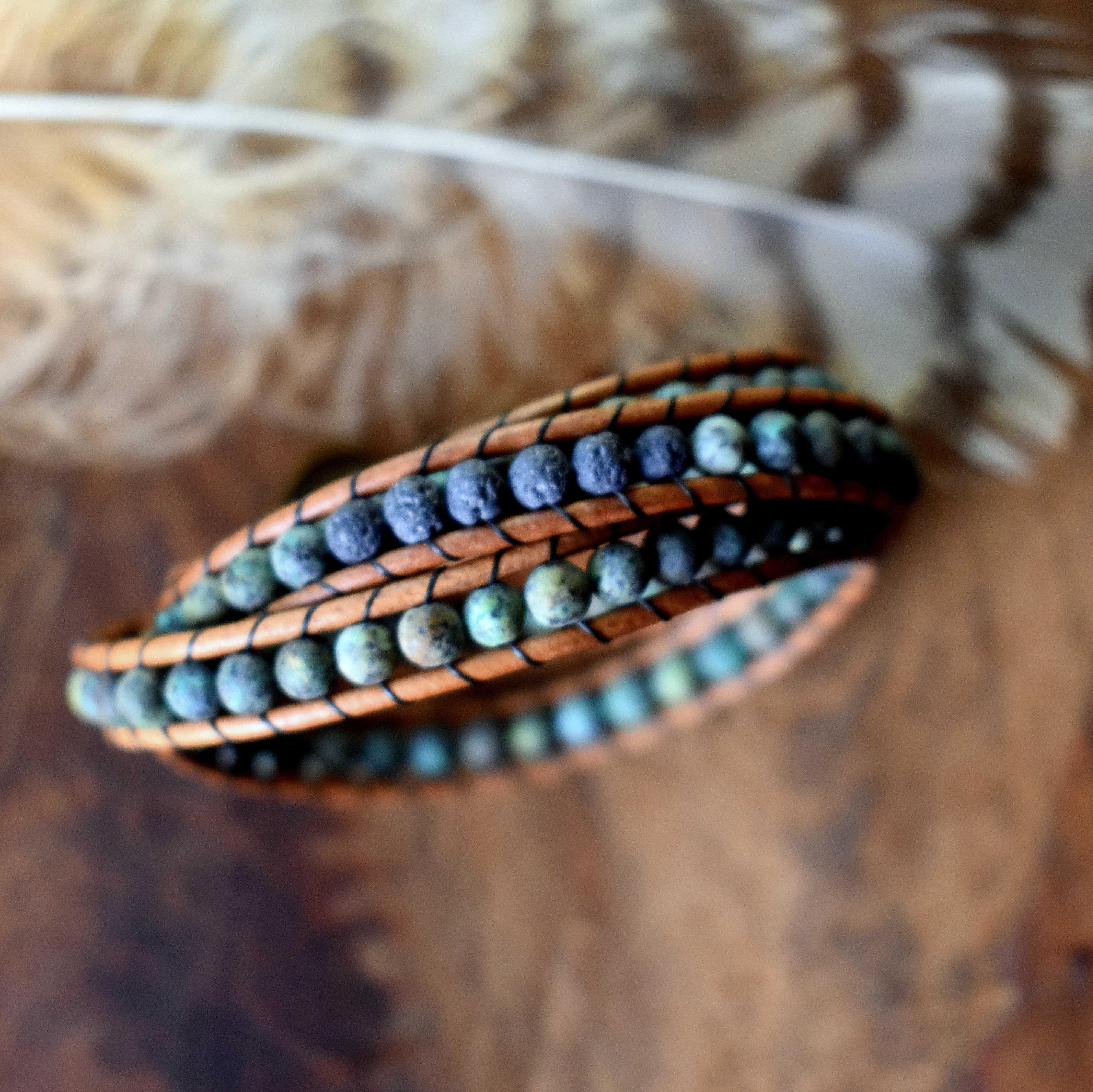 African Turquoise and Lava Bead Wrap Bracelet // Essential Oil Bracelet // Leather Bracelet // Beaded Bracelet