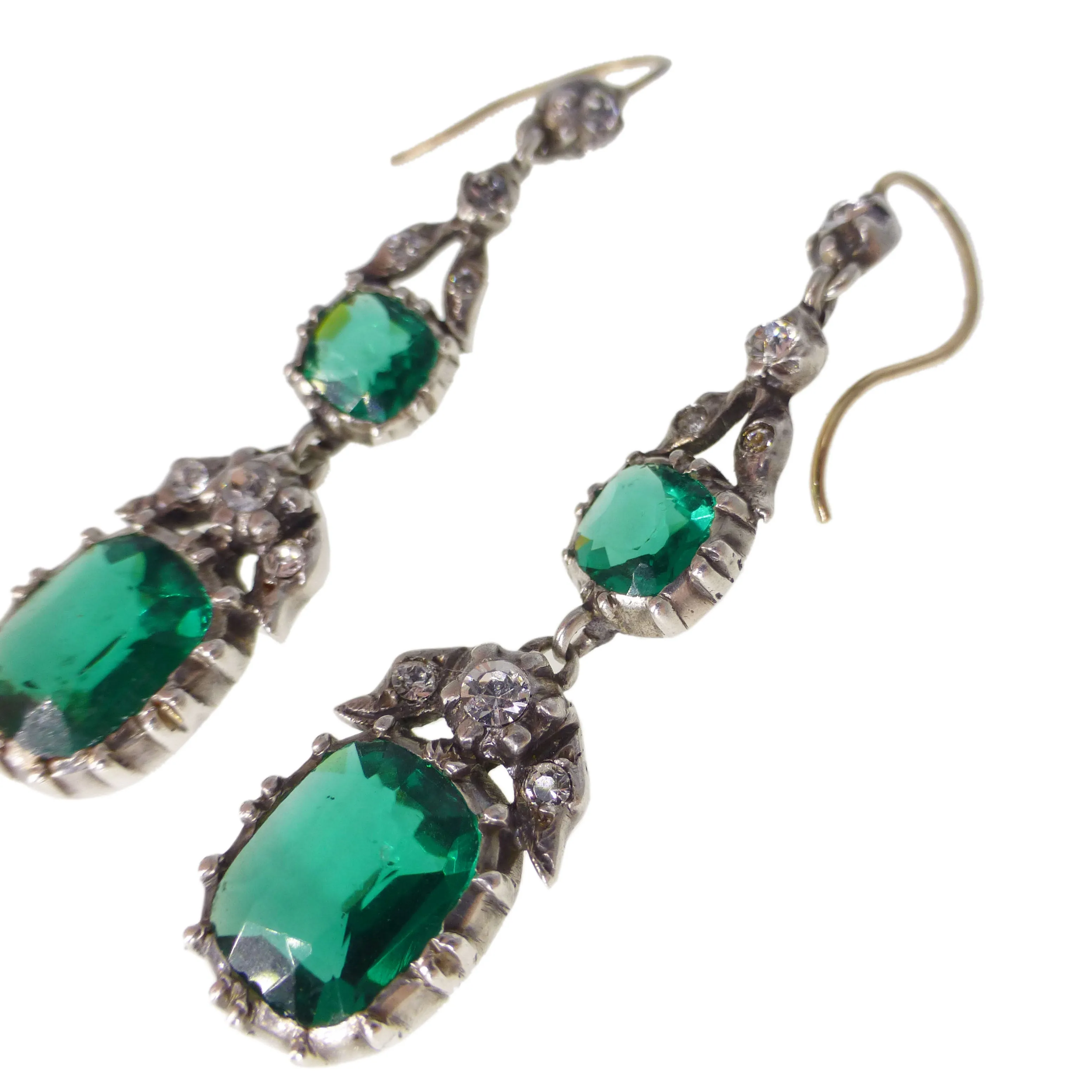 Antique Silver Georgian Inspired Green Paste Drop Earrings