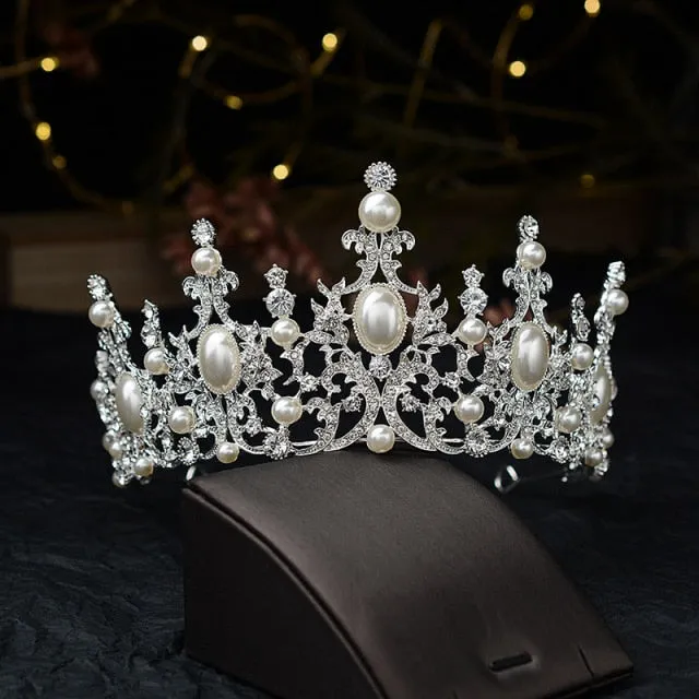 Baroque Luxury Silver Plated Crystal Pearls Bridal Tiaras Crown Rhinestone Pageant Diadem CZ Headbands Wedding Hair Accessories
