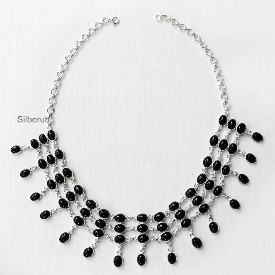 Black Onyx Choker Silver Necklace
