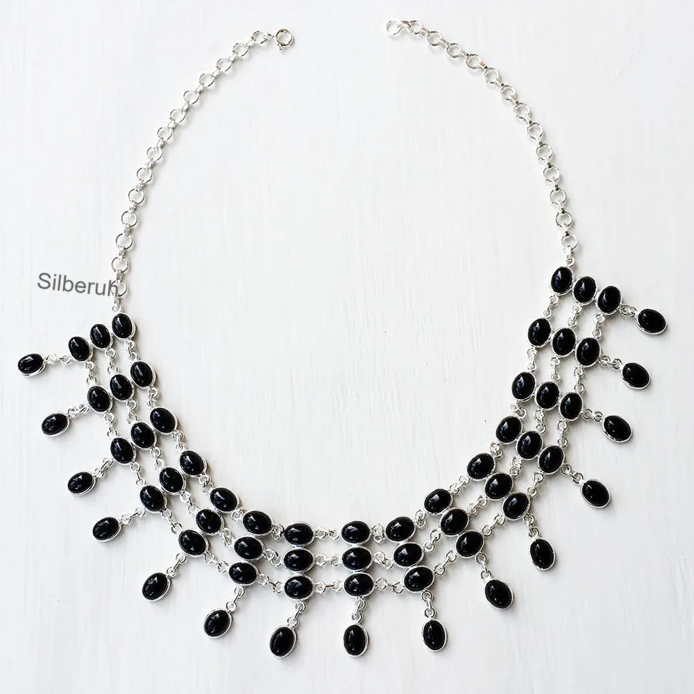 Black Onyx Choker Silver Necklace