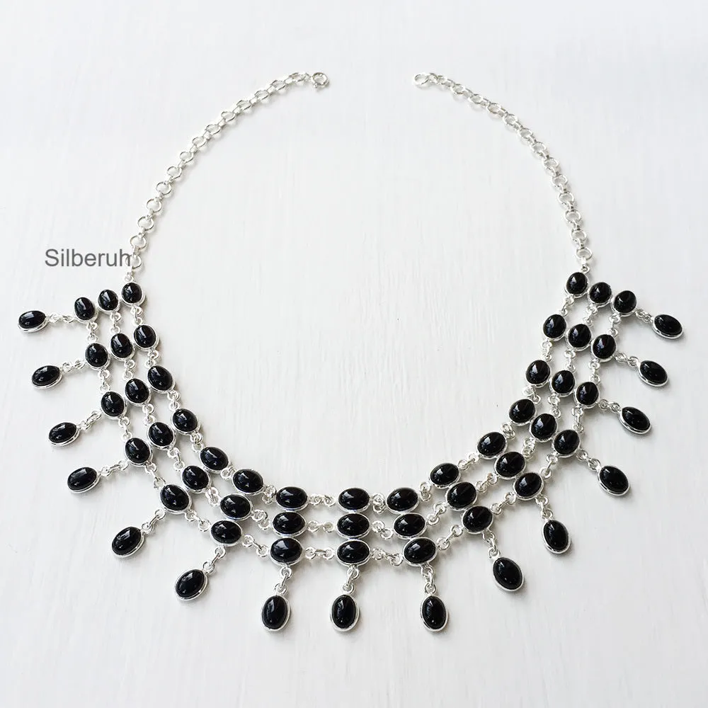 Black Onyx Choker Silver Necklace