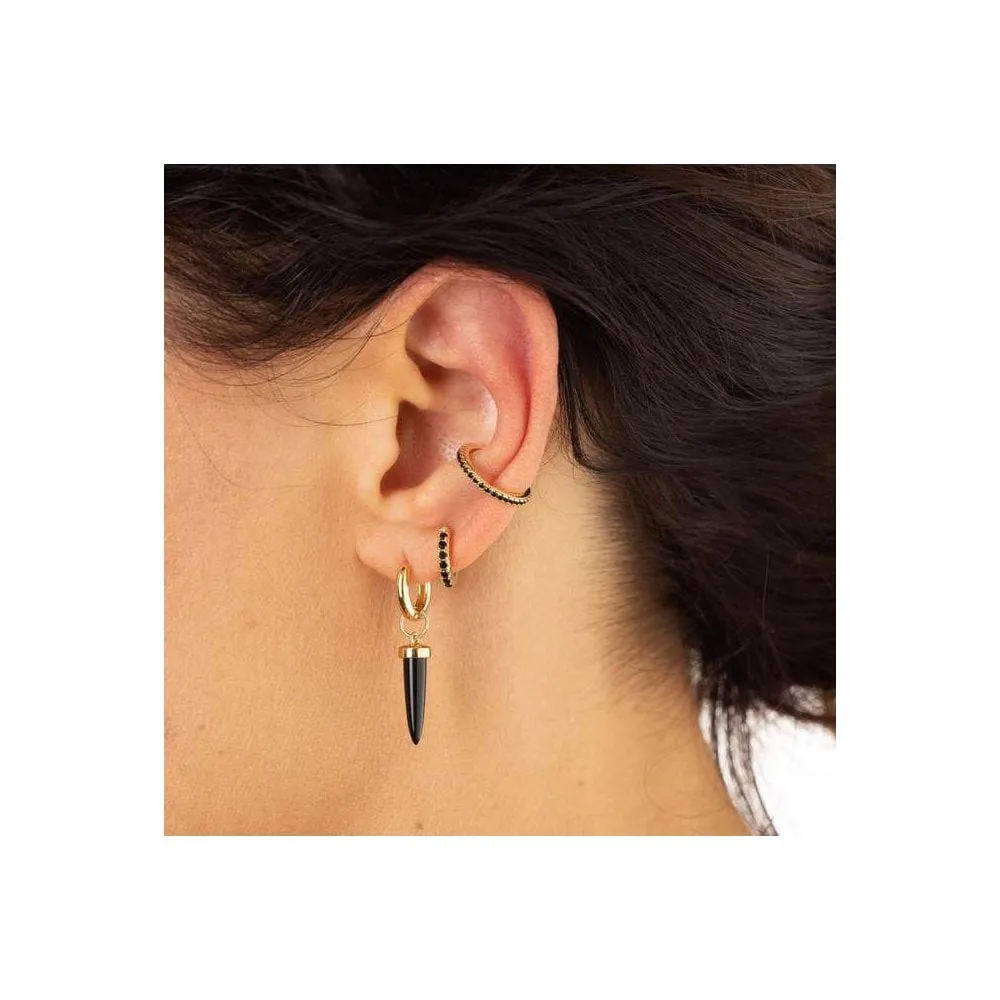 Black Spike Huggie Hoop (Single Earring) - Gold - SPG-162-227