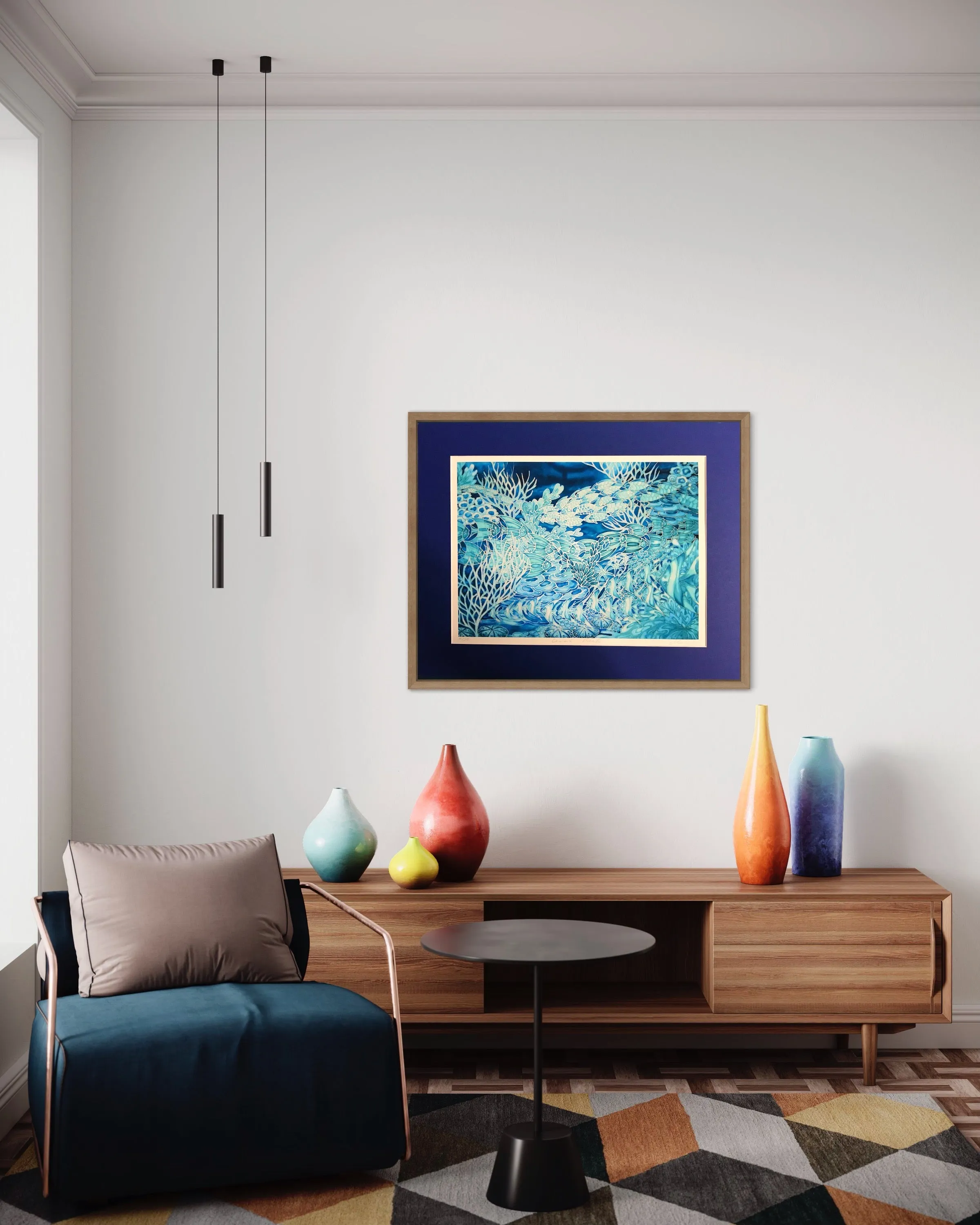 Blue Coral Reef Print - Ultramarine Aqua Fish in Coral Reef Print - Bathroom Art