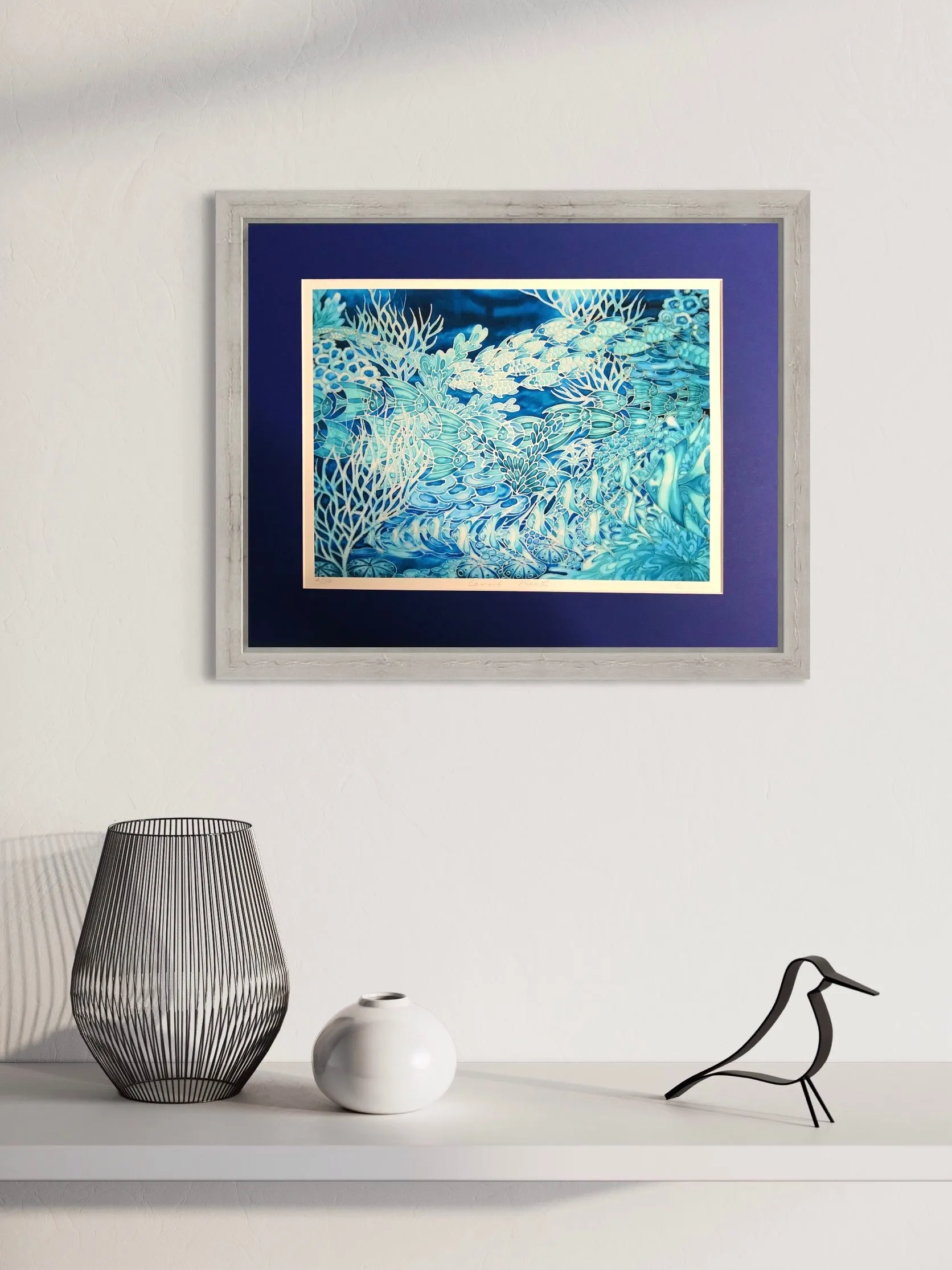 Blue Coral Reef Print - Ultramarine Aqua Fish in Coral Reef Print - Bathroom Art