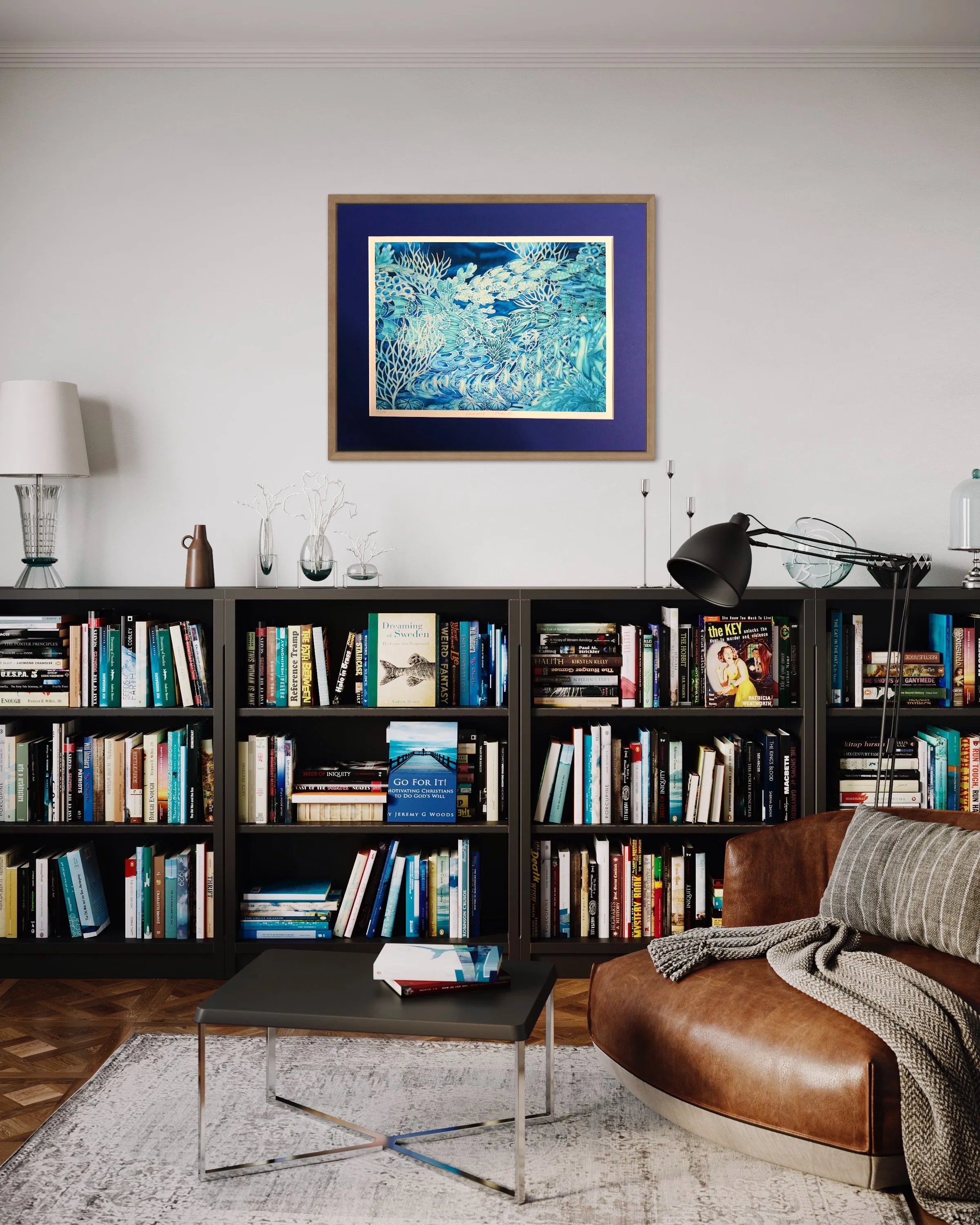 Blue Coral Reef Print - Ultramarine Aqua Fish in Coral Reef Print - Bathroom Art