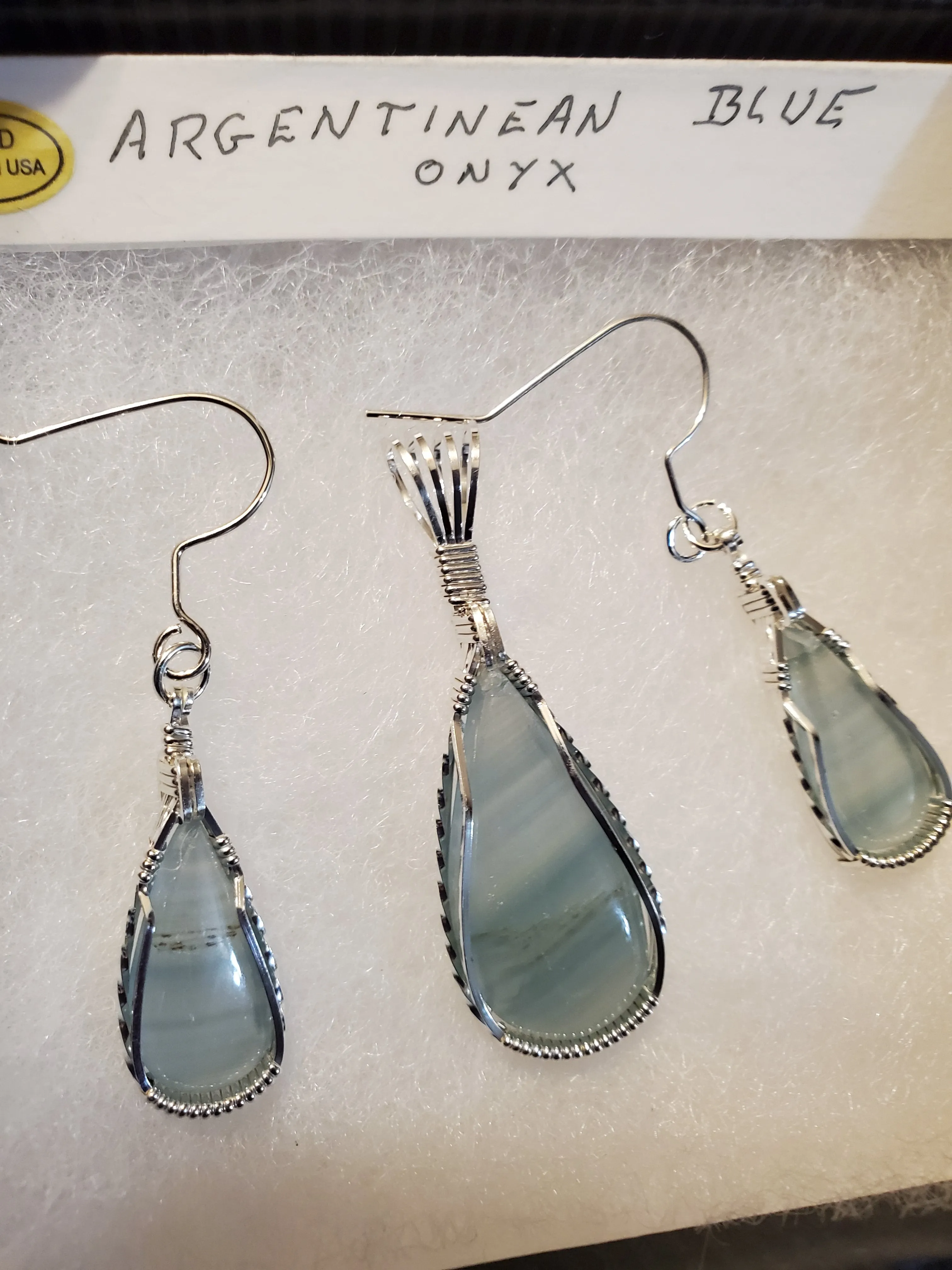 Custom Wire Wrapped Argentinean Blue Onyx Set: Earrings, Necklace/Pendant