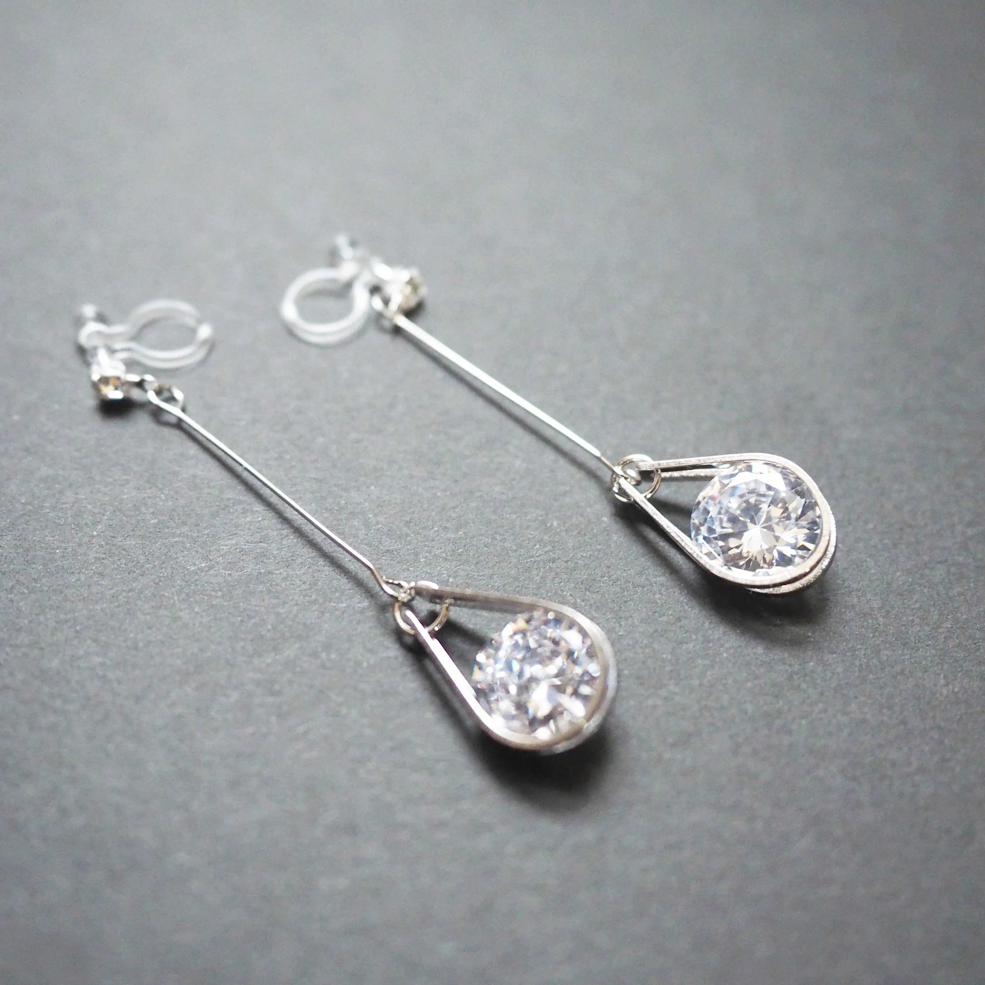 Dangle Silver Teardrop Cubic Zirconia Crystal Invisible Clip On Earrings