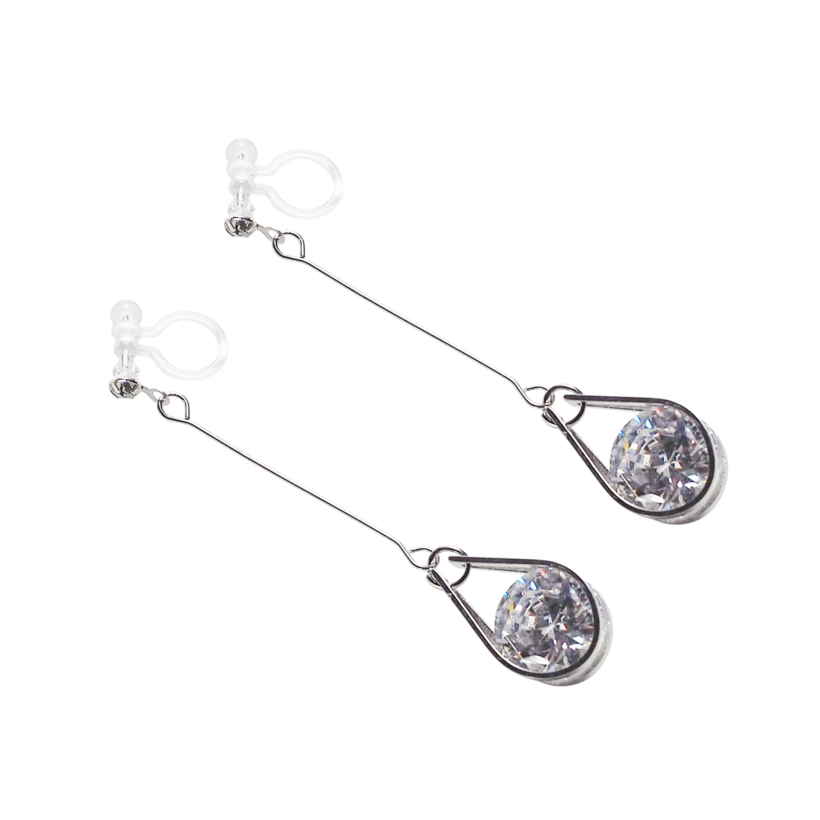 Dangle Silver Teardrop Cubic Zirconia Crystal Invisible Clip On Earrings