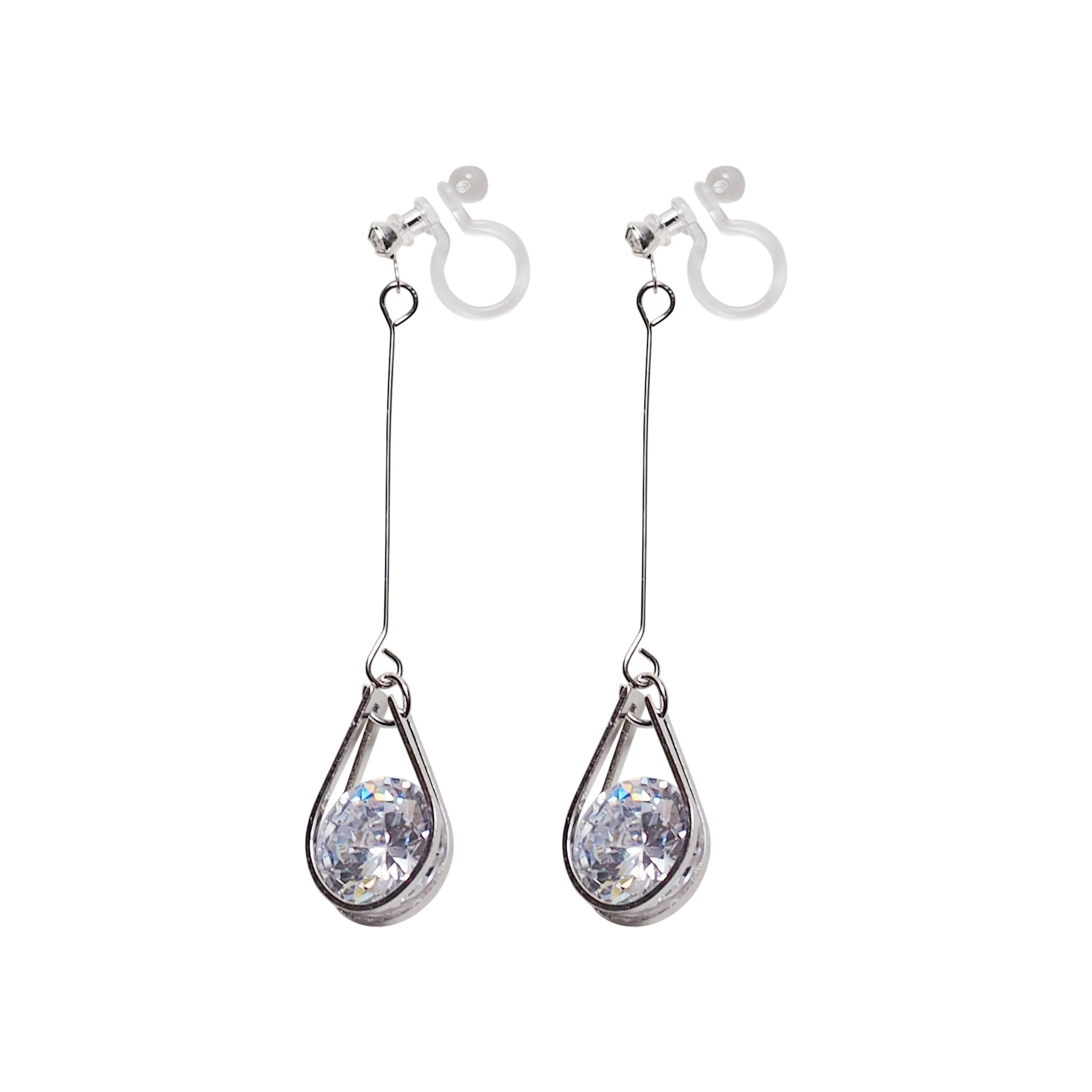 Dangle Silver Teardrop Cubic Zirconia Crystal Invisible Clip On Earrings