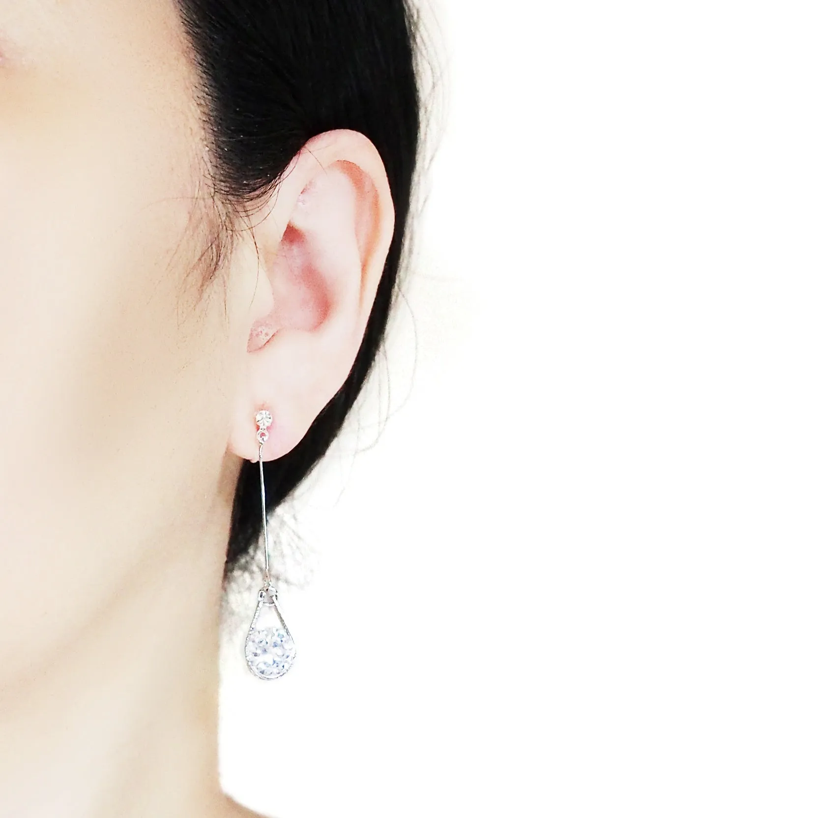 Dangle Silver Teardrop Cubic Zirconia Crystal Invisible Clip On Earrings