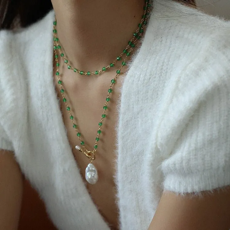 Green Onyx Baroque Pearl Necklace Multilayer Long Sweater Chain