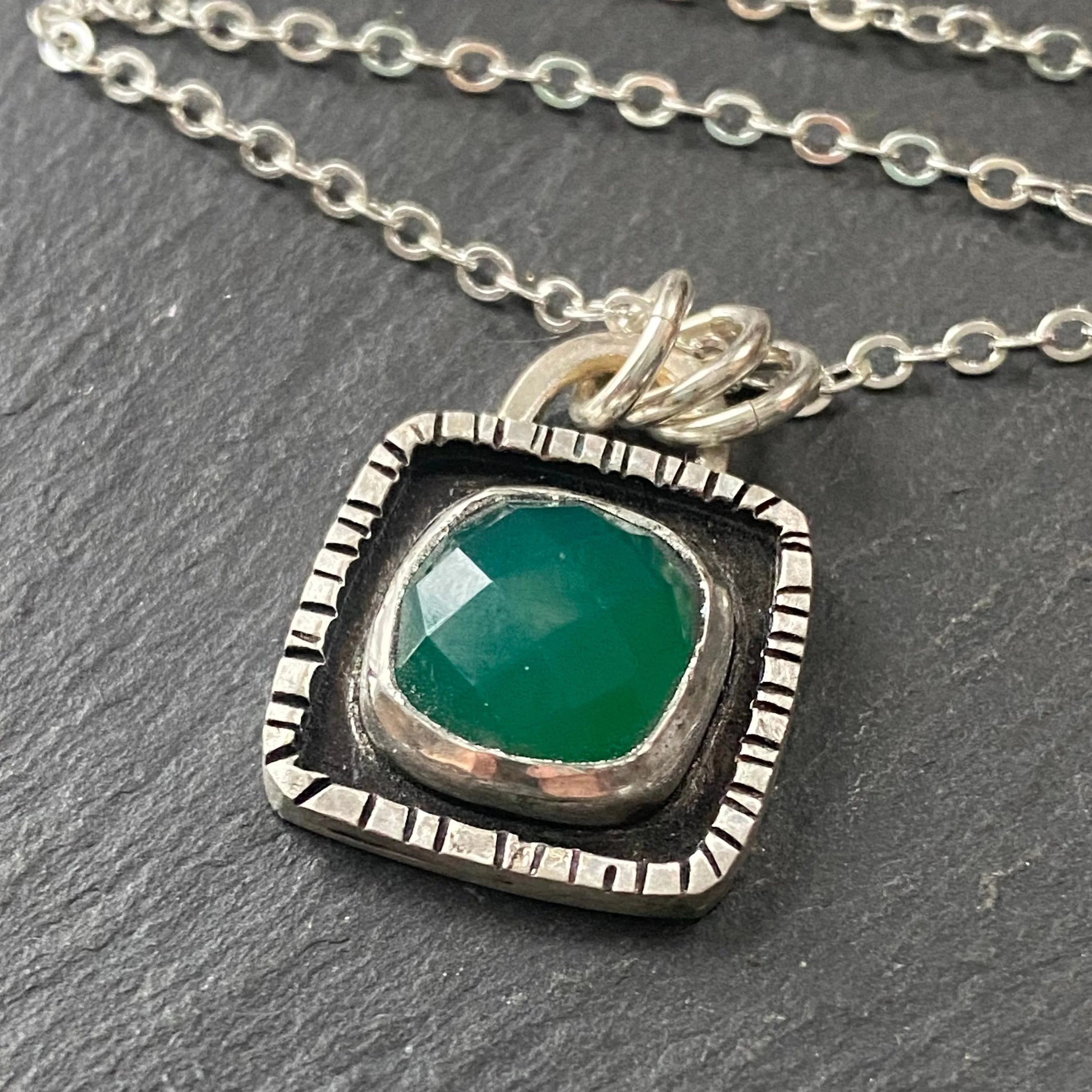 Green Onyx pendant necklace hand crafted with recycled sterling silver