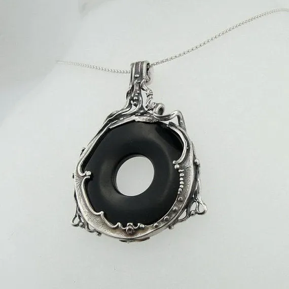 Hadar Handcrafted Large Sterling Silver Onyx Pendant Gift for December Babies
