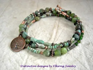 Mossy Grove Wrap Bracelet/Necklace, Green Turquoise, Copper, Jade