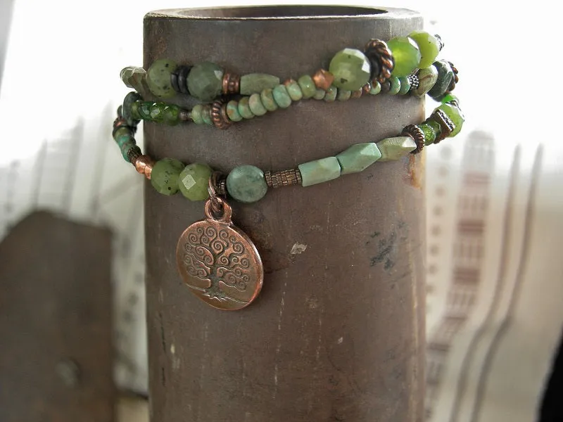 Mossy Grove Wrap Bracelet/Necklace, Green Turquoise, Copper, Jade