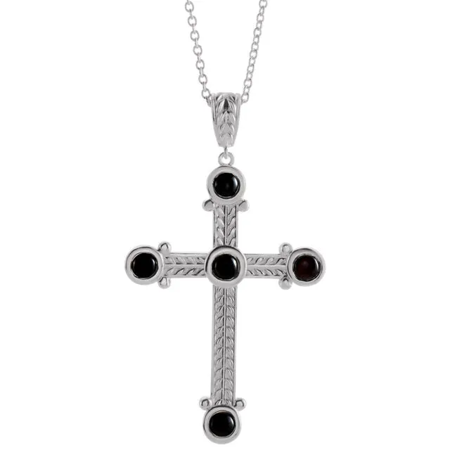 Platinum 14k Yellow Rose White Silver Genuine Onyx Cross Pendant Charm Necklace