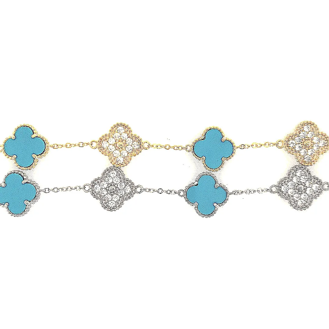 Sterling Silver Turqouise and CZ Five Clover Bracelet