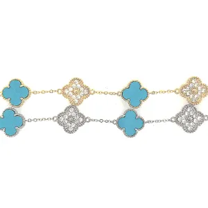 Sterling Silver Turqouise and CZ Five Clover Bracelet