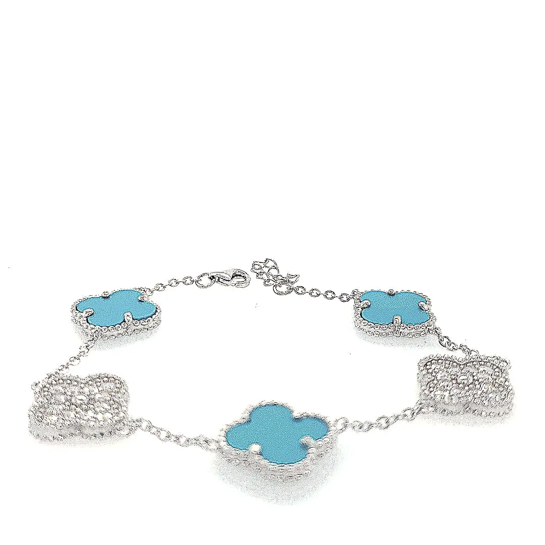 Sterling Silver Turqouise and CZ Five Clover Bracelet