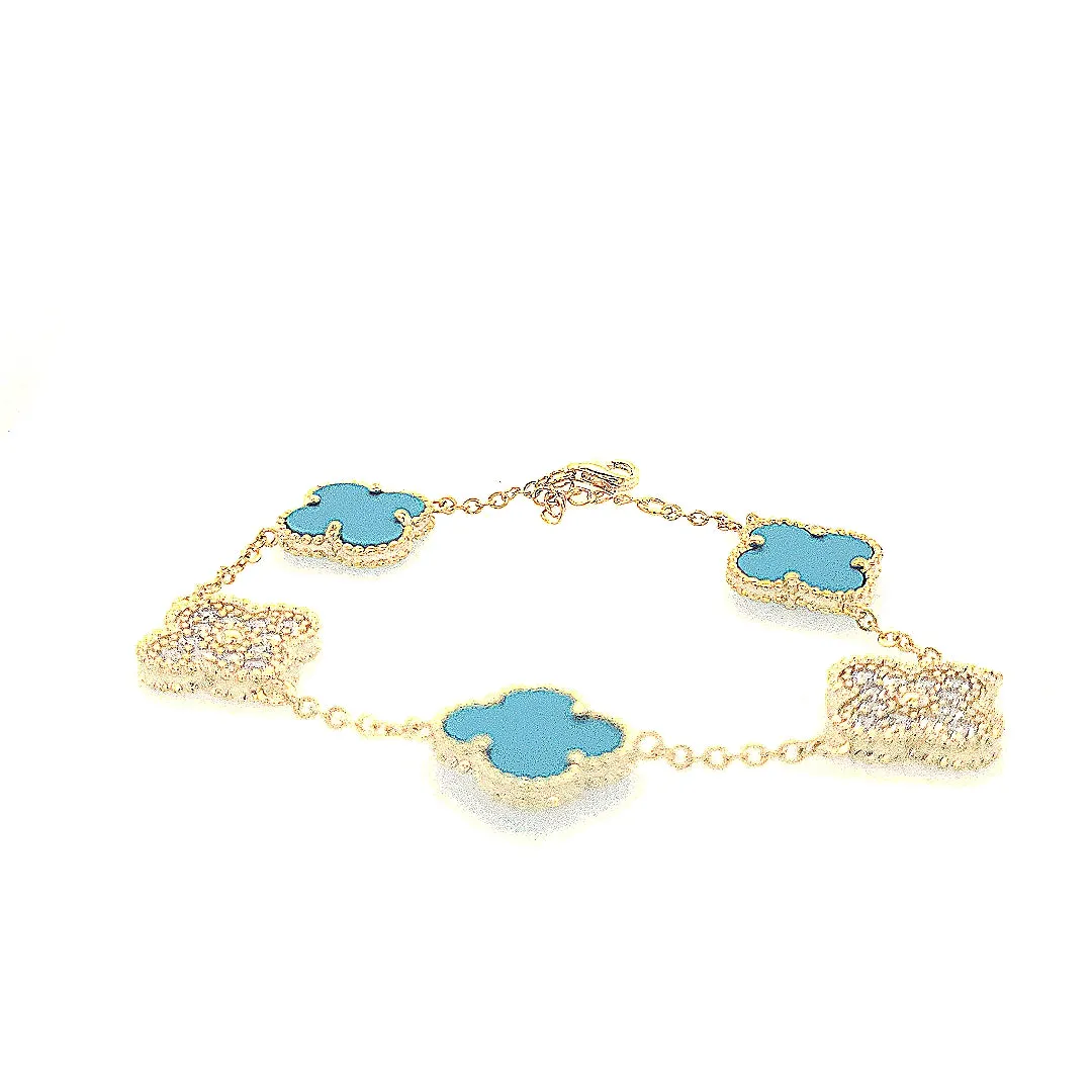 Sterling Silver Turqouise and CZ Five Clover Bracelet