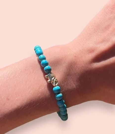 Teal turquoise blue marble elephant charm bracelet with inspirational bravery/ strength/ courage quote card!