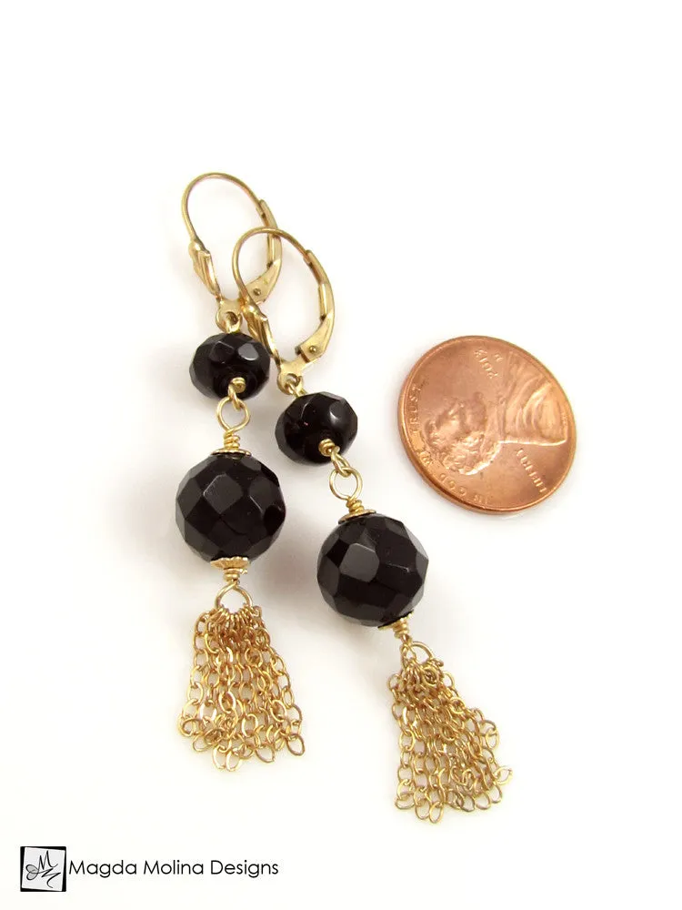 WHOLESALE - The Black Onyx And Gold Tassel Earrings